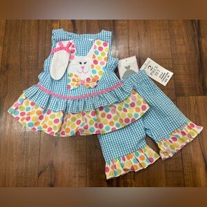 Rare Editions Blue Gingham Bunny Polka Dot Girls Matching Set